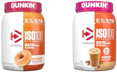 Dymatize ISO100 Hydrolyzed Protein Powder  100  Whey Isolate  Dunkin Glazed Donut Flavor  20 Servings & ISO100 Hydrolyzed Protein Powder  100  Whey Isolate Protein  25g of Protein  5 5g BCAAs