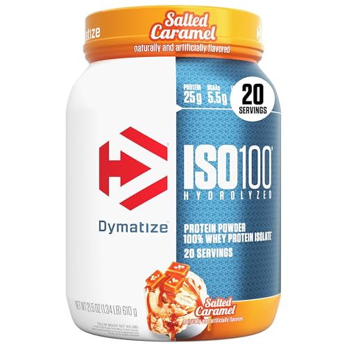 Dymatize ISO100 Whey Protein Powder Isolate  Salted Caramel  25g of Protein  5 5g BCAAs  Less Than 120 Cal   Gluten Free  1g Fat  1g Sugar  2g Carb  20 Servings 