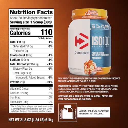 Dymatize ISO100 Whey Protein Powder Isolate  Salted Caramel  25g of Protein  5 5g BCAAs  Less Than 120 Cal   Gluten Free  1g Fat  1g Sugar  2g Carb  20 Servings 