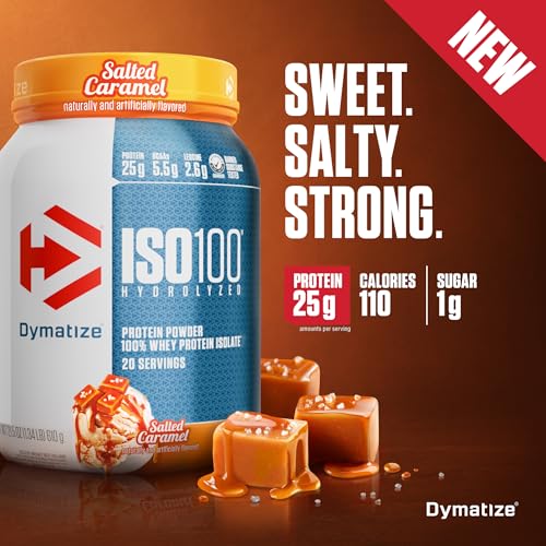 Dymatize ISO100 Whey Protein Powder Isolate  Salted Caramel  25g of Protein  5 5g BCAAs  Less Than 120 Cal   Gluten Free  1g Fat  1g Sugar  2g Carb  20 Servings 