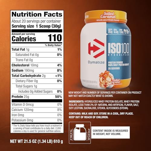 Dymatize ISO100 Whey Protein Powder Isolate  Salted Caramel  25g of Protein  5 5g BCAAs  Less Than 120 Cal   Gluten Free  1g Fat  1g Sugar  2g Carb  20 Servings 