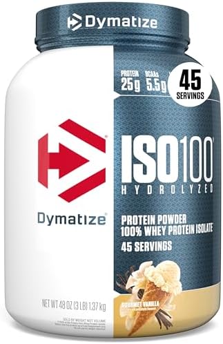 Dymatize ISO100 Whey Protein Powder Isolate  Salted Caramel  25g of Protein  5 5g BCAAs  Less Than 120 Cal   Gluten Free  1g Fat  1g Sugar  2g Carb  20 Servings 