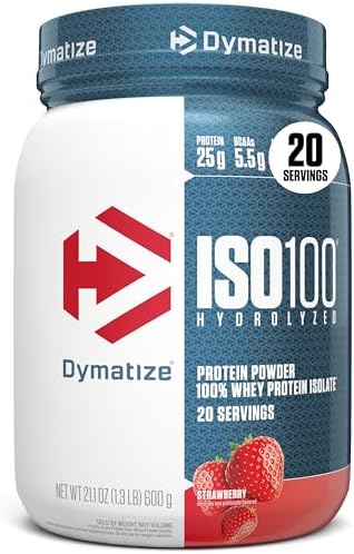 Dymatize ISO100 Whey Protein Powder Isolate  Fudge Brownie  25g of Protein  5 5g BCAAs  Less Than 120 Cal   Gluten Free  1g Fat  1g Sugar  2g Carb  20 Servings 