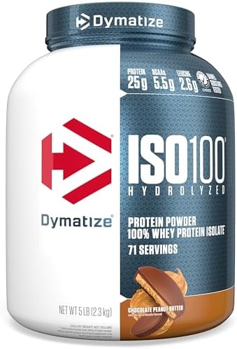 Dymatize ISO100 Whey Protein Powder Isolate  Fudge Brownie  25g of Protein  5 5g BCAAs  Less Than 120 Cal   Gluten Free  1g Fat  1g Sugar  2g Carb  20 Servings 