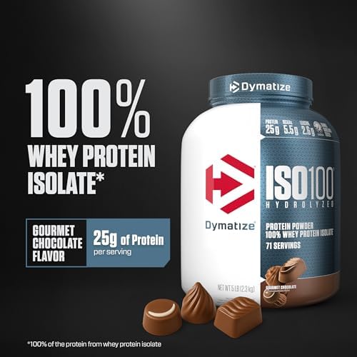 Dymatize ISO100 Whey Protein Powder Isolate  Gourmet Chocolate  25g of Protein  5 Pound  5 5g BCAAs  Less Than 120 Cal   Gluten Free  1g Fat  1g Sugar  2g Carb  71 Servings 