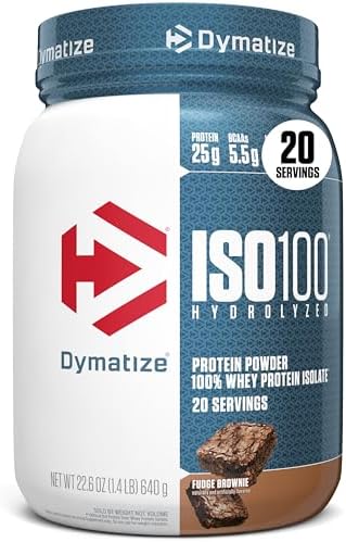 Dymatize ISO100 Whey Protein Powder Isolate  Fudge Brownie  25g of Protein  5 5g BCAAs  Less Than 120 Cal   Gluten Free  1g Fat  1g Sugar  2g Carb  20 Servings 