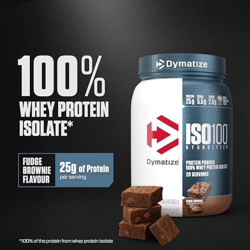 Dymatize ISO100 Whey Protein Powder Isolate  Fudge Brownie  25g of Protein  5 5g BCAAs  Less Than 120 Cal   Gluten Free  1g Fat  1g Sugar  2g Carb  20 Servings 