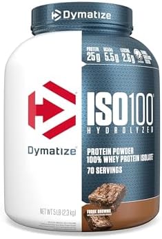 Dymatize ISO100 Whey Protein Powder Isolate  Fudge Brownie  25g of Protein  5 5g BCAAs  Less Than 120 Cal   Gluten Free  1g Fat  1g Sugar  2g Carb  20 Servings 