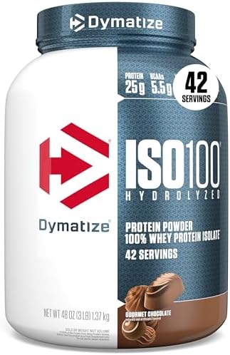 Dymatize ISO100 Whey Protein Powder Isolate  Fudge Brownie  25g of Protein  5 5g BCAAs  Less Than 120 Cal   Gluten Free  1g Fat  1g Sugar  2g Carb  20 Servings 