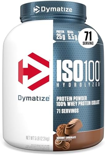 Dymatize ISO100 Whey Protein Powder Isolate  Gourmet Chocolate  25g of Protein  5 Pound  5 5g BCAAs  Less Than 120 Cal   Gluten Free  1g Fat  1g Sugar  2g Carb  71 Servings 