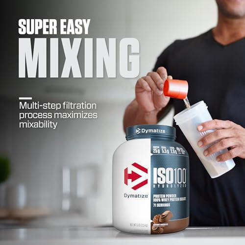 Dymatize ISO100 Whey Protein Powder Isolate  Gourmet Chocolate  25g of Protein  5 Pound  5 5g BCAAs  Less Than 120 Cal   Gluten Free  1g Fat  1g Sugar  2g Carb  71 Servings 