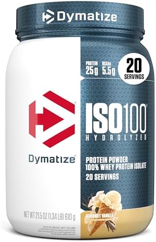 Dymatize ISO100 Whey Protein Powder Isolate  Gourmet Chocolate  25g of Protein  5 Pound  5 5g BCAAs  Less Than 120 Cal   Gluten Free  1g Fat  1g Sugar  2g Carb  71 Servings 