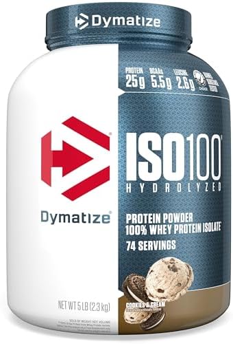 Dymatize ISO100 Whey Protein Powder Isolate  Gourmet Chocolate  25g of Protein  5 Pound  5 5g BCAAs  Less Than 120 Cal   Gluten Free  1g Fat  1g Sugar  2g Carb  71 Servings 