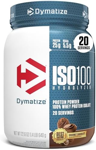 Dymatize ISO100 Whey Protein Powder Isolate  Gourmet Chocolate  25g of Protein  5 Pound  5 5g BCAAs  Less Than 120 Cal   Gluten Free  1g Fat  1g Sugar  2g Carb  71 Servings 