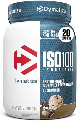 Dymatize ISO100 Whey Protein Powder Isolate  Gourmet Chocolate  25g of Protein  5 Pound  5 5g BCAAs  Less Than 120 Cal   Gluten Free  1g Fat  1g Sugar  2g Carb  71 Servings 