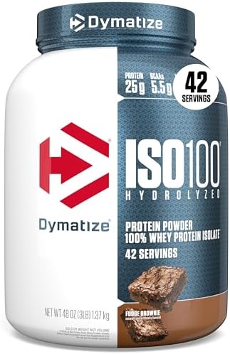 Dymatize ISO100 Whey Protein Powder Isolate  Gourmet Chocolate  25g of Protein  5 Pound  5 5g BCAAs  Less Than 120 Cal   Gluten Free  1g Fat  1g Sugar  2g Carb  71 Servings 