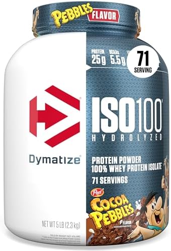 Dymatize x Cocoa Pebbles ISO100 Whey Protein Powder Isolate  25g of Protein  5 5g BCAAs  120 Cal   Gluten Free  1g Fat  1g Sugar  2g Carb  71 Servings 