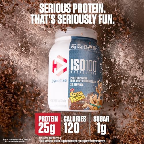 Dymatize x Cocoa Pebbles ISO100 Whey Protein Powder Isolate  25g of Protein  5 5g BCAAs  120 Cal   Gluten Free  1g Fat  1g Sugar  2g Carb  71 Servings 