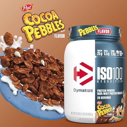 Dymatize x Cocoa Pebbles ISO100 Whey Protein Powder Isolate  25g of Protein  5 5g BCAAs  120 Cal   Gluten Free  1g Fat  1g Sugar  2g Carb  71 Servings 