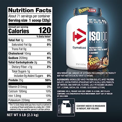 Dymatize x Cocoa Pebbles ISO100 Whey Protein Powder Isolate  25g of Protein  5 5g BCAAs  120 Cal   Gluten Free  1g Fat  1g Sugar  2g Carb  71 Servings 