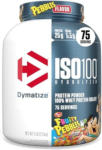 Dymatize x Cocoa Pebbles ISO100 Whey Protein Powder Isolate  25g of Protein  5 5g BCAAs  120 Cal   Gluten Free  1g Fat  1g Sugar  2g Carb  71 Servings 