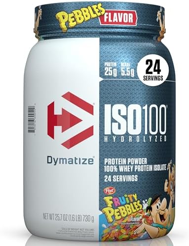 Dymatize x Cocoa Pebbles ISO100 Whey Protein Powder Isolate  25g of Protein  5 5g BCAAs  120 Cal   Gluten Free  1g Fat  1g Sugar  2g Carb  71 Servings 