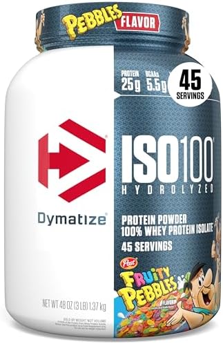 Dymatize x Cocoa Pebbles ISO100 Whey Protein Powder Isolate  25g of Protein  5 5g BCAAs  120 Cal   Gluten Free  1g Fat  1g Sugar  2g Carb  71 Servings 