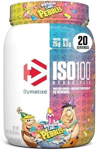 Dymatize x Cocoa Pebbles ISO100 Whey Protein Powder Isolate  25g of Protein  5 5g BCAAs  120 Cal   Gluten Free  1g Fat  1g Sugar  2g Carb  71 Servings 
