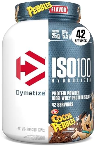 Dymatize x Cocoa Pebbles ISO100 Whey Protein Powder Isolate  25g of Protein  5 5g BCAAs  120 Cal   Gluten Free  1g Fat  1g Sugar  2g Carb  71 Servings 