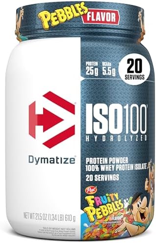 Dymatize x Cocoa Pebbles ISO100 Whey Protein Powder Isolate  25g of Protein  5 5g BCAAs  120 Cal   Gluten Free  1g Fat  1g Sugar  2g Carb  71 Servings 