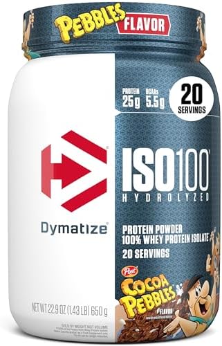 Dymatize x Cocoa Pebbles ISO100 Whey Protein Powder Isolate  25g of Protein  5 5g BCAAs  120 Cal   Gluten Free  1g Fat  1g Sugar  2g Carb  71 Servings 