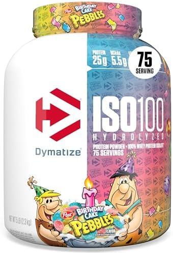 Dymatize x Cocoa Pebbles ISO100 Whey Protein Powder Isolate  25g of Protein  5 5g BCAAs  120 Cal   Gluten Free  1g Fat  1g Sugar  2g Carb  71 Servings 