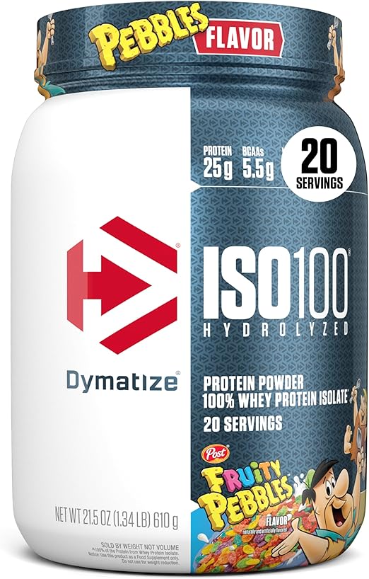 Dymatize x Fruity Pebbles ISO100 Whey Protein Powder Isolate, 25g de Proteína, 20 porciones, 5.5g BCAAs, 120 Calorías, Libre de Gluten, 1g de Grasa, 1g de Azúcar, 2g de Carbohidratos
