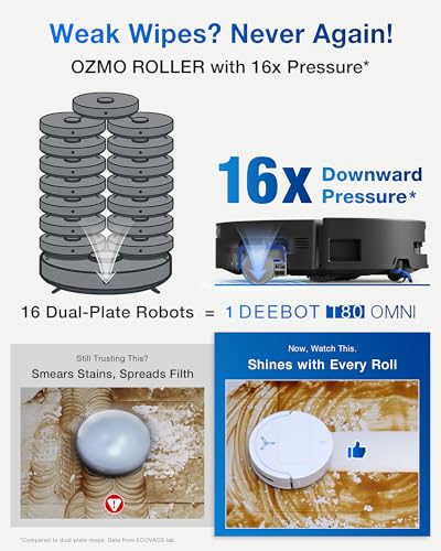 ECOVACS DEEBOT T80 Omni Robot Vacuum and Mop  18 000Pa Suction  OZMO  Roller Real Time Mop Washing  Self Emptying  Hot Air Drying  AI Navigation  Anti Tangle Brush  for Pets  Carpets & Hard Floors