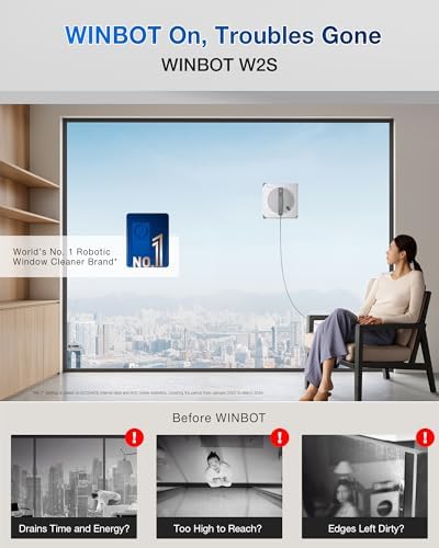 ECOVACS WINBOT W2S Window Cleaning Robot  Intelligent Edge to Edge Cleaning with TruEdge Scrubbers  3 Water Nozzles  10 Level Safety System  Win SLAM 4 0 Route Planning  Even Climbing System