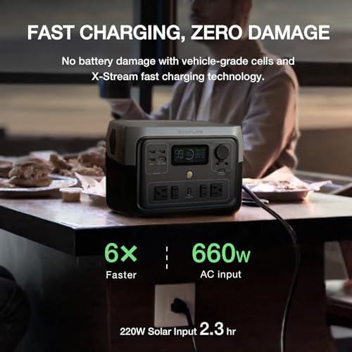 EF ECOFLOW Portable Power Station River 2 Max 500  499Wh LiFePO4 Battery/ 1 Hour Fast Charging  Up to 1000W Output Solar Generator  Solar Panel Optional  for Outdoor Camping/RVs/Home Use