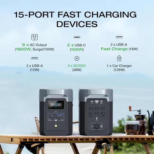 EF ECOFLOW Portable Power Station DELTA 2  1024Wh LiFePO4  LFP  Battery  1800W AC/100W USB C Output  Solar Generator Solar Panel Optional  for Home Backup Power  Camping & RVs