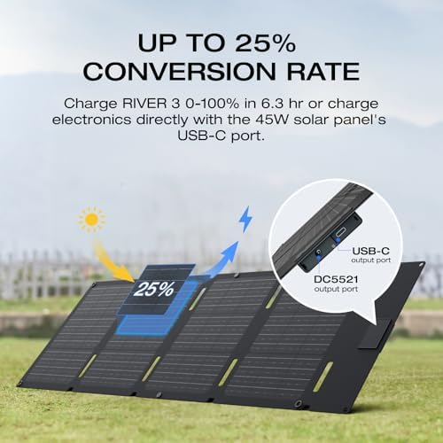 EF ECOFLOW Solar Generator RIVER 3 with 45W Solar Panel  245Wh Portable Power Station LiFePO4 Battery  300W Up to 600W AC Output  <20 MS UPS  1Hr Fast Charging Power Station for Outdoor/Camping/RVs