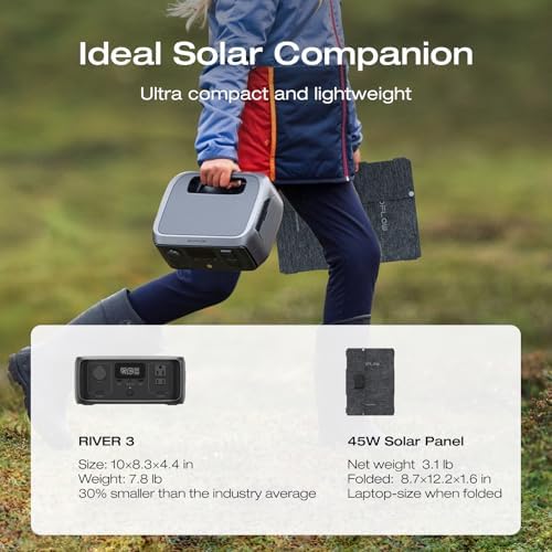 EF ECOFLOW Solar Generator RIVER 3 with 45W Solar Panel  245Wh Portable Power Station LiFePO4 Battery  300W Up to 600W AC Output  <20 MS UPS  1Hr Fast Charging Power Station for Outdoor/Camping/RVs