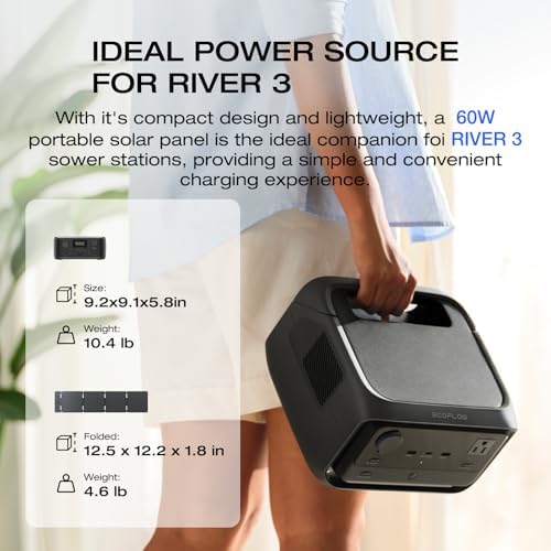 EF ECOFLOW Solar Generator RIVER 3 with 60W Solar Panel  245Wh Portable Power Station LFP Battery  300W Up to 600W AC Output  <20 MS UPS  1Hr Fast Charging Power Station for Outdoor/RVs