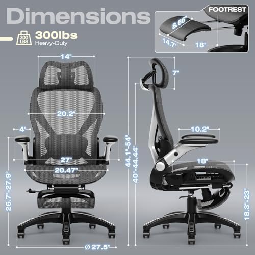 ELABEST X100 Ergonomic Mesh Office Chair with Footrest  Big and Tall Hone Desk Chair with 5D Flip Up Arms  Adjustable 3D Lumbar Support Gaming & Executive Computer Chairs