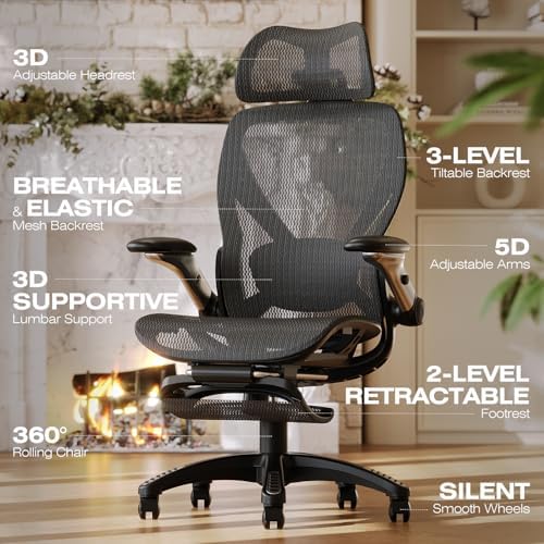 ELABEST X100 Ergonomic Mesh Office Chair with Footrest  Big and Tall Hone Desk Chair with 5D Flip Up Arms  Adjustable 3D Lumbar Support Gaming & Executive Computer Chairs