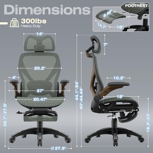ELABEST X100 Silla de oficina ergonómica de malla con reposapiés, silla grande y alta para escritorio con brazos abatibles 5D, soporte lumbar ajustable 3D, sillas de computadora para juegos y