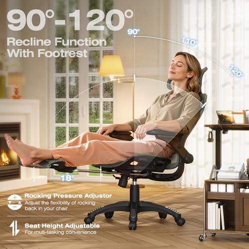 ELABEST X100 Silla de oficina ergonómica de malla con reposapiés, silla grande y alta para escritorio con brazos abatibles 5D, soporte lumbar ajustable 3D, sillas de computadora para juegos y