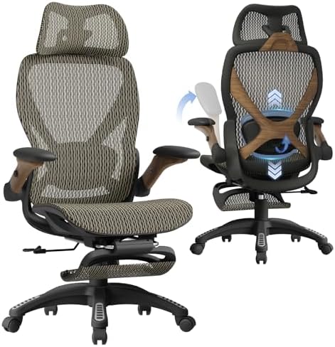 ELABEST X100 Silla de oficina ergonómica de malla con reposapiés, silla grande y alta para escritorio con brazos abatibles 5D, soporte lumbar ajustable 3D, sillas de computadora para juegos y