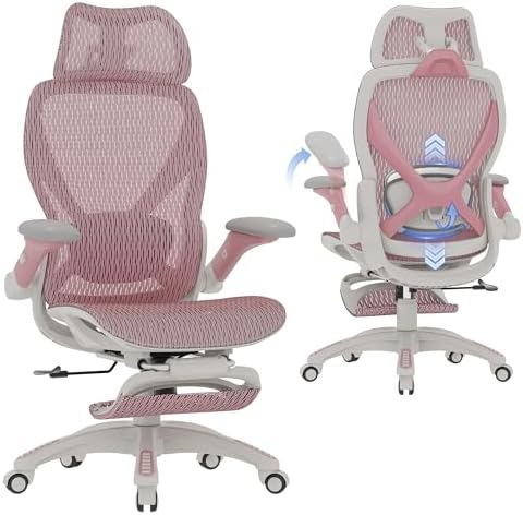 ELABEST X100 Silla de oficina ergonómica de malla con reposapiés, silla grande y alta para escritorio con brazos abatibles 5D, soporte lumbar ajustable 3D, sillas de computadora para juegos y