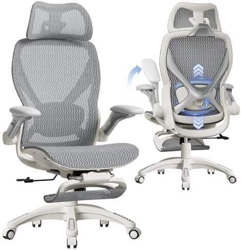 ELABEST X100 Silla de oficina ergonómica de malla con reposapiés, silla grande y alta para escritorio con brazos abatibles 5D, soporte lumbar ajustable 3D, sillas de computadora para juegos y