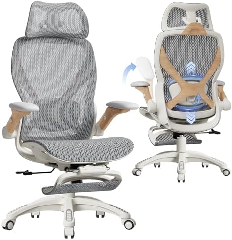 ELABEST X100 Silla de oficina ergonómica de malla con reposapiés, silla grande y alta para escritorio con brazos abatibles 5D, soporte lumbar ajustable 3D, sillas de computadora para juegos y
