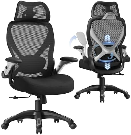 ELABEST X100 Silla de oficina ergonómica de malla con reposapiés, silla grande y alta para escritorio con brazos abatibles 5D, soporte lumbar ajustable 3D, sillas de computadora para juegos y
