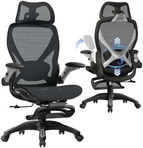 ELABEST X100 Silla de oficina ergonómica de malla con reposapiés, silla grande y alta para escritorio con brazos abatibles 5D, soporte lumbar ajustable 3D, sillas de computadora para juegos y